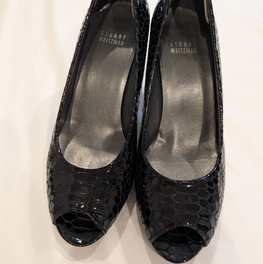 Stuart Weitzman Black Sparkly Crocodile Peep Toe Heels Size 7